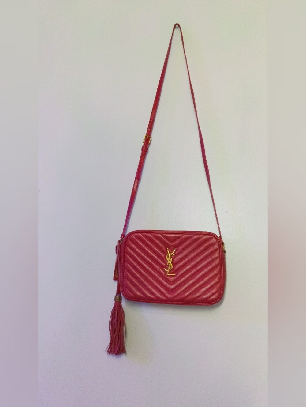 Saint Laurent Red Quilted Leather Crossbody Camera Bag with Tassel
